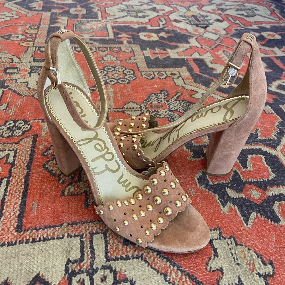 Brown Suede chunks heels with gold studs